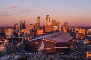 U.S Bank Stadium & Minneapolis Skyline at sunset | Team Kathy Borys element to highlight Sports Teams in the Twin Cities.